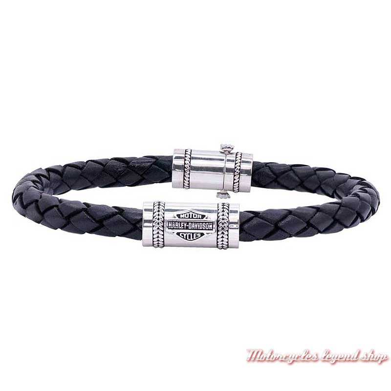 Bracelet cuir tressé et argent Bar & Shield Harley-Davidson homme, noir, HDB0376