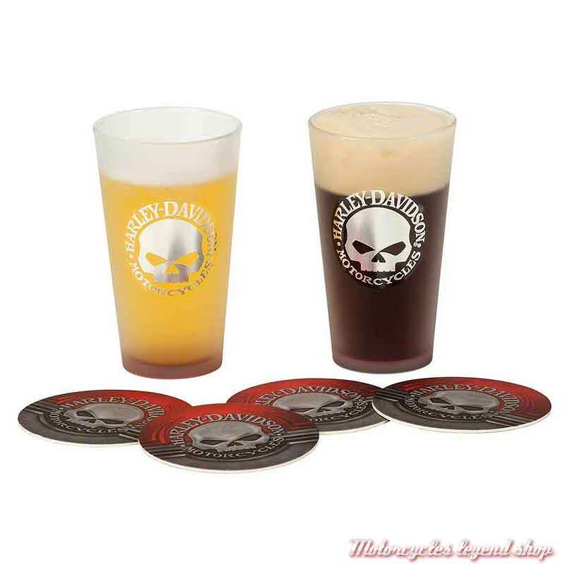 Ensemble 2 verres 45 cl Skull Harley-Davidson, 4 sous verre, HDL-18763