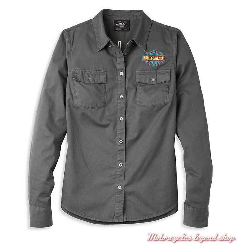 Chemise Bar & Shield Harley-Davidson femme, gris, manches longues, coton, 96121-22VW