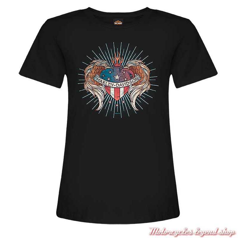 Tee-shirt Heart Harley-Davidson femme, noir, coton, col rond, manches courtes, Cornouaille Moto Quimper Bretagne, R004505 