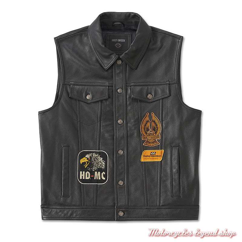 Gilet cuir Fuel to Flames Harley-Davidson homme, noir, boutonné, patchs, col chemise, 97031-24VM