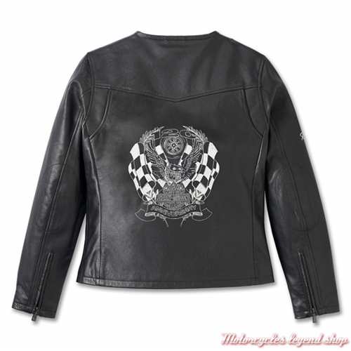 Blouson cuir Cafe Racer 120th Anniversary Harley-Davidson femme, noir, patchs, non homologué, dos, 97052-23VW