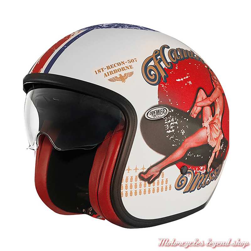 Casque jet Vintage Pin Up 8BM Premier, rouge, blanc, écran intérieur