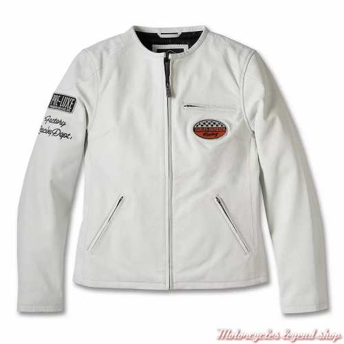 Blouson cuir Cafe Racer blanc 120th Anniversary Harley-Davidson femme, patchs, non homologué, 97045-23VW