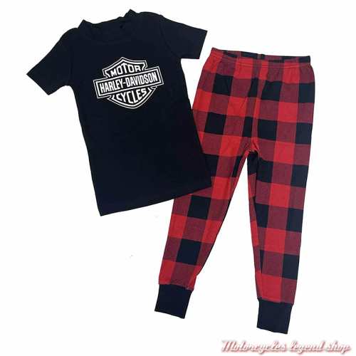 Ensemble pyjama garçon Harley-Davidson, haut noir, bas plaid noir, rouge, coton, 8070401-8080401