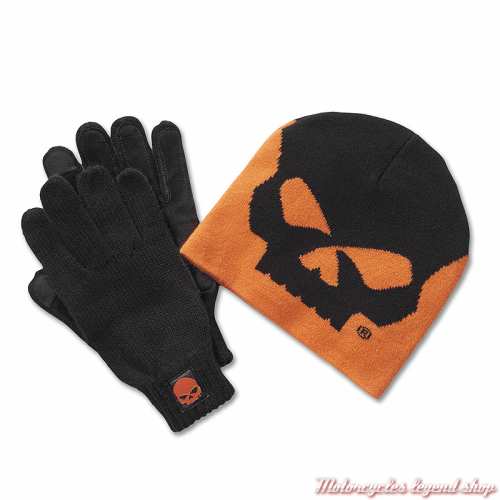 Ensemble bonnet et gants Willie G. orange Harley-Davidson homme, orange et noir, tricot, acrylique, 97658-25VM