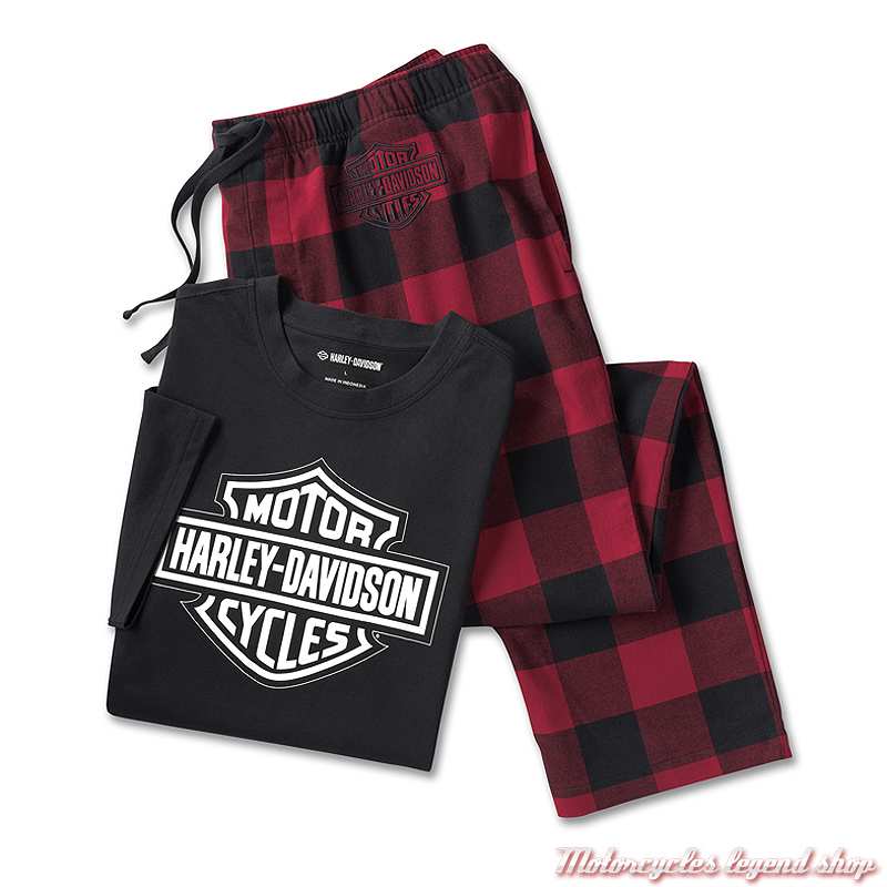 Pyjama Bar & Shield homme Harley-Davidson, t-shirt noir manches courtes, pantalon plaid noir et rouge, 96113-25VM