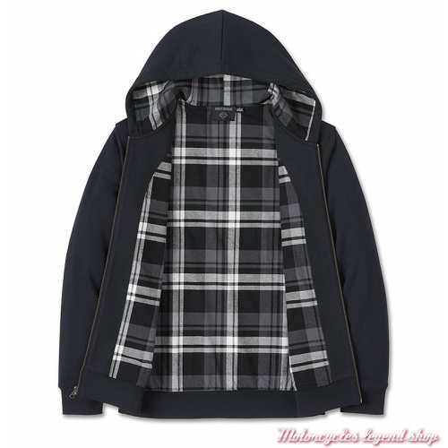 Sweatshirt Bar &amp; Shield Plaid Harley-Davidson homme, noir, zip, capuche, doublure à carreaux, 96010-25VM 