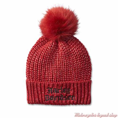 Bonnet Pom Pom rouge Harley-Davidson femme, rouge, fil argent, acrylique, polyester, 97678-25VW