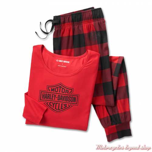 Pyjama Bar & Shield femme Harley-Davidson, t-shirt rouge manches longues, pantalon plaid noir et rouge, 96162-25VW